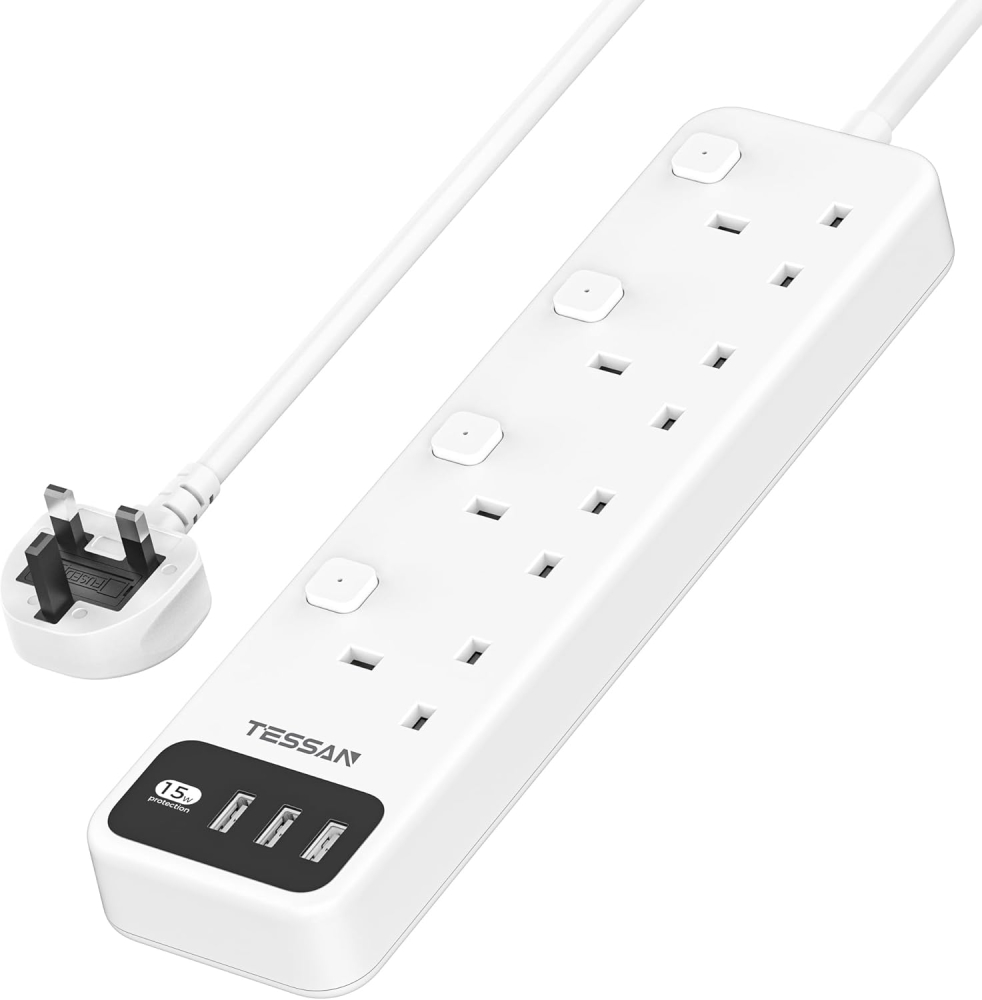 TESSAN Extension Lead with 3 USB Slots, 4 Way Multi Plug Extender with Individual Switches, Wall Mount Socket Extension Cable 2M, 3250W Multiplug Power Strip for Home, Office, School Supplies
