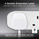 Masterplug Four Socket Extension Lead, 2 Metre Cable, Unswitched, 4-Way Plug Extension Cable, Power Strip, Basic Power, White, 13A, 4G, 2m, BFG210N - Image 2