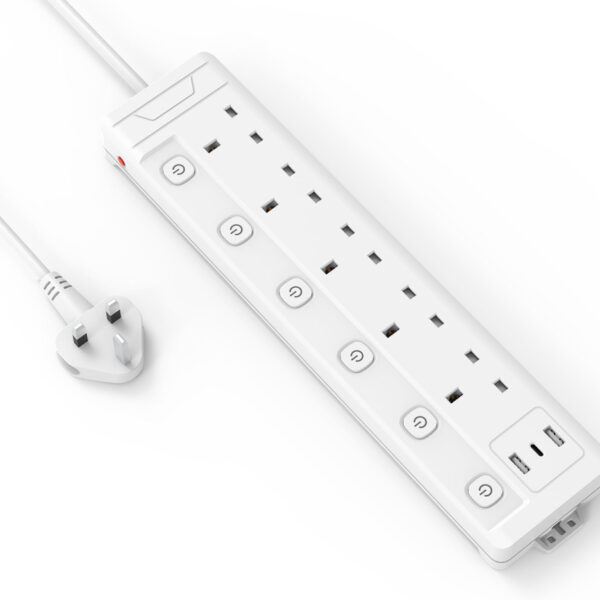 Extension Lead 1M 5 Way with 3 USB Slots (2 USB-A,1 USB-C), Individually Switched Extension Lead with USB Slots, White 1 Metre Extension Lead, For Home Dorm Office Multi Plug