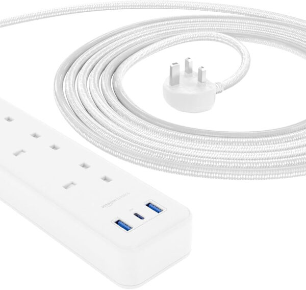Amazon Basics 3 Outlet - 2 USB A(12W), 1 USB C(20W) Surge Protector Extension Lead, Rectangle, 1.5 m Braided Cord, White