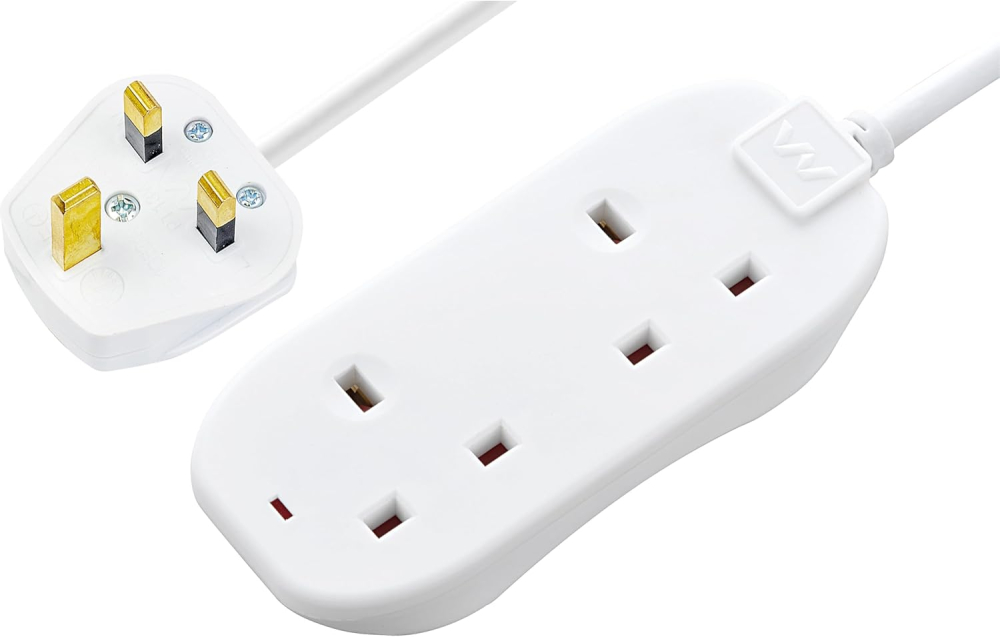 Masterplug Two Socket Double Extension Lead, 10 Metre Cable, Power LED Indicator, Unswitched, 2-Way Plug Extension Cable, Power Strip, Basic Power, White, 13A, 2G, 10m, BTN10N