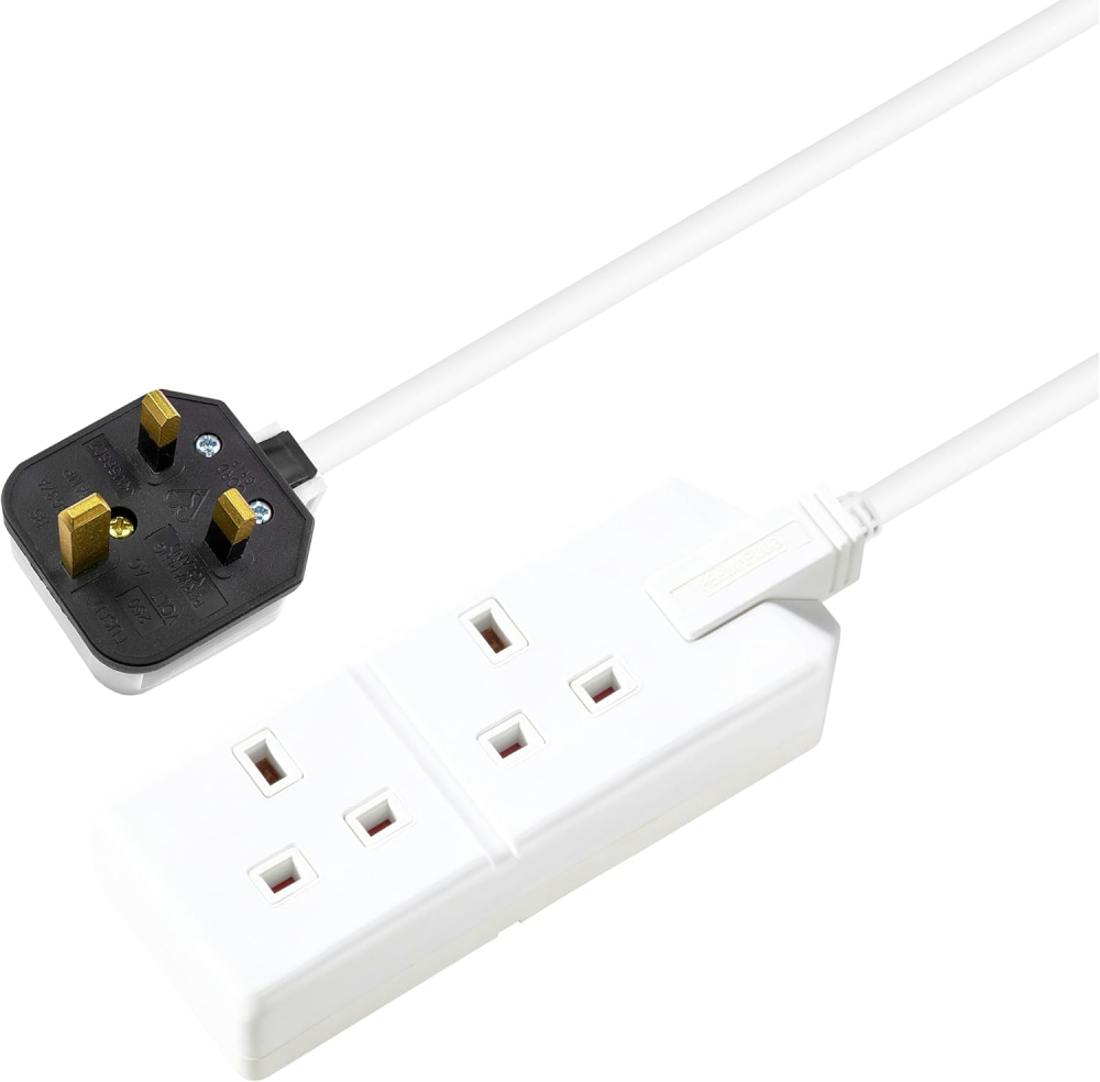 Masterplug Two Socket Double Extension Lead, 4 Metre Cable, Unswitched, Heavy Duty, Rewireable, 2-Way Plug Extension Cable, Work Power, Permaplug, White, 13A, 2G, 4m, EXS1324W