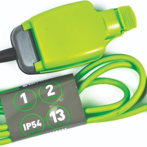 STATUS 1 Socket Extension Lead, 2m, Green, Outdoor Extension Cable, Waterproof, IP54 Rated, 13 Amp Plug, Heavy Duty Socket, Ideal for Garden Power Tools, DIY Use (1W2M13AIP54S6)