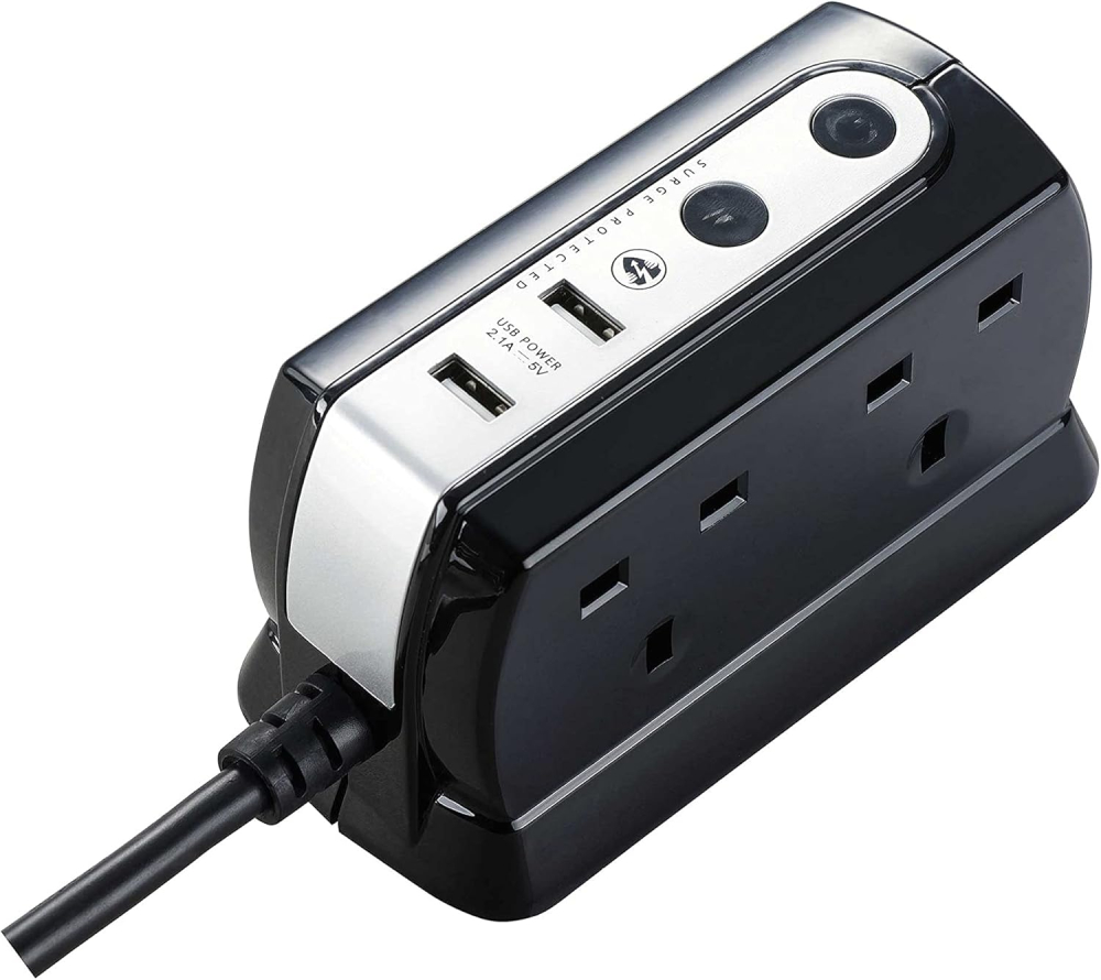 Masterplug Heavy Duty Four Socket Surge Protected Extension Lead with 2 USB Ports, 2 Metre, Black