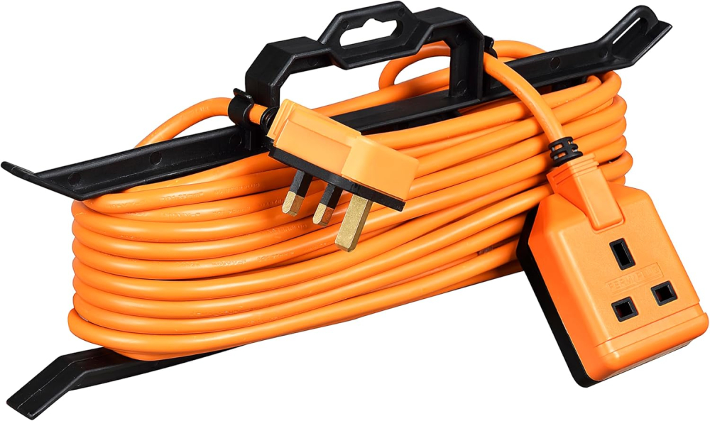 Masterplug One Socket Single Outdoor Extension Lead, 15 Metre Cable, Cable Tidy, Unswitched, Heavy Duty, Rewireable, 1-Way Plug Extension Cable, Orange, 13A, 1G, 15m, CT1513
