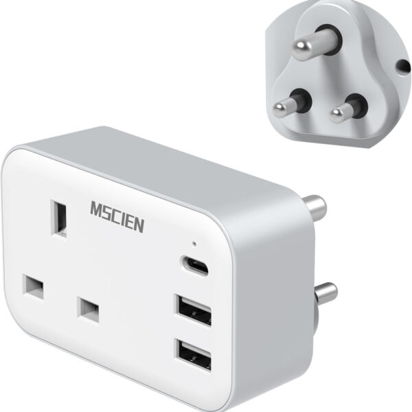 UK to India Plug Adapter with USB, MSCIEN India Type D Travel Plug Adapter, Grounded Charger Travel Adaptor for Sri Lanka, Maldives, Pakistan, Nepal, Yemen, Iraq, Burma