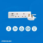 Pro Elec 2-Gang Mains Extension Lead with USB, 1m,white usb - Image 2