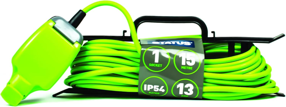 STATUS 1 Socket Extension Lead, 15m Green, Waterproof Outdoor Cable, IP54 Rated,13 Amp Plug, Weatherproof, Heavy Duty Socket, Ideal for Garden Power Tools, DIY Use (1W15M13AIP54HFS6)