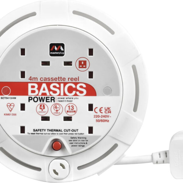 Masterplug Four Socket, 4 Metre Cassette Reel, Small Extension Lead Cable Reel, Wind-Up Retractable Power Cord Reel, Thermal Cut Out, Basic Power, White, 13A, 4G, 4m, SCT0413/4W