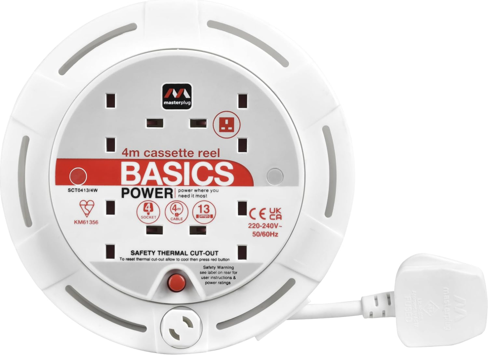 Masterplug Four Socket, 4 Metre Cassette Reel, Small Extension Lead Cable Reel, Wind-Up Retractable Power Cord Reel, Thermal Cut Out, Basic Power, White, 13A, 4G, 4m, SCT0413/4W