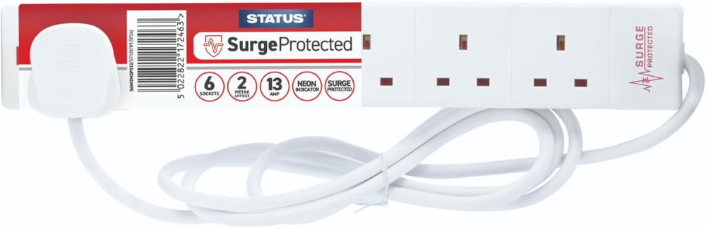 STATUS 6 Socket Surge-Protected Extension Lead, 2m Cable with Neon Power Indicator, 13A 3120W Rated Multi-Plug Strip, White (S6W2MSPS12)