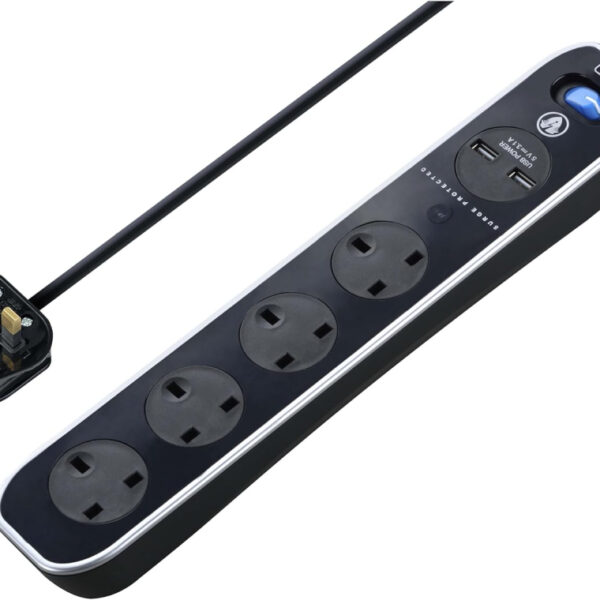 Masterplug Four Socket Switched Inline Power Surge Protected Extension Lead with Two USB Charging Ports, 2 Metres, Gloss Black