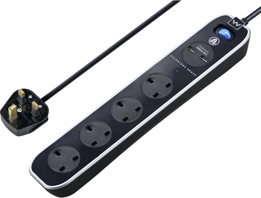 Masterplug Four Socket Switched Inline Power Surge Protected Extension Lead with Two USB Charging Ports, 2 Metres, Gloss Black