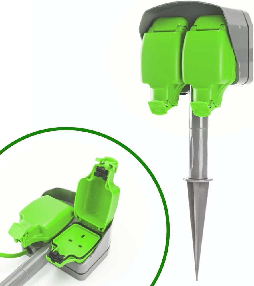 STATUS Garden Spike Socket, 15m Outdoor Extension Lead, Waterproof, 13 Amp, Dual Socket, IP54 Rated, Ideal for Lawn, Garden, Power Tools, DIY Use (2W15M13AIP54SS4)
