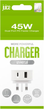 Juice 45W Dual Port Fast Charger Plug – USB-C Power Delivery & USB-A Quick Charge for Smartphones, Tablets & More – Compact Design with Sure Grip Technology - White - Image 7