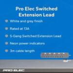 pro elec PEL00574 3 m Surge Protector with 5-Gang Switched Extension Lead, White - Image 7