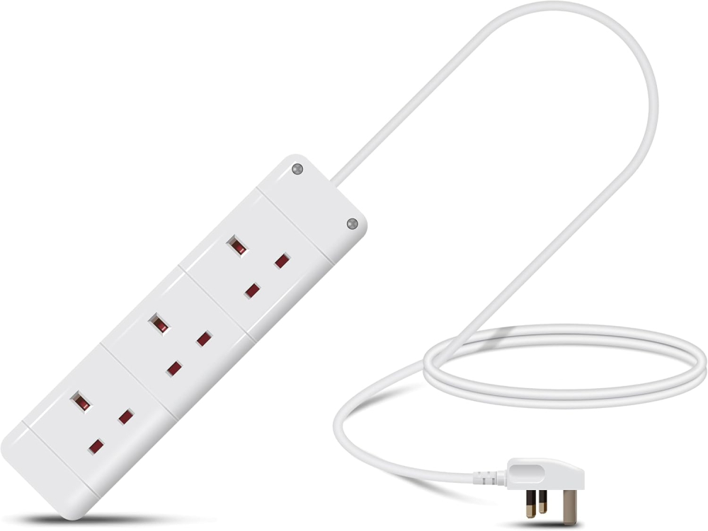 Eagle Three Gang Mains Power 13A Extension Socket to 13A UK Plug Lead Cable, British Standards BS1363 1m