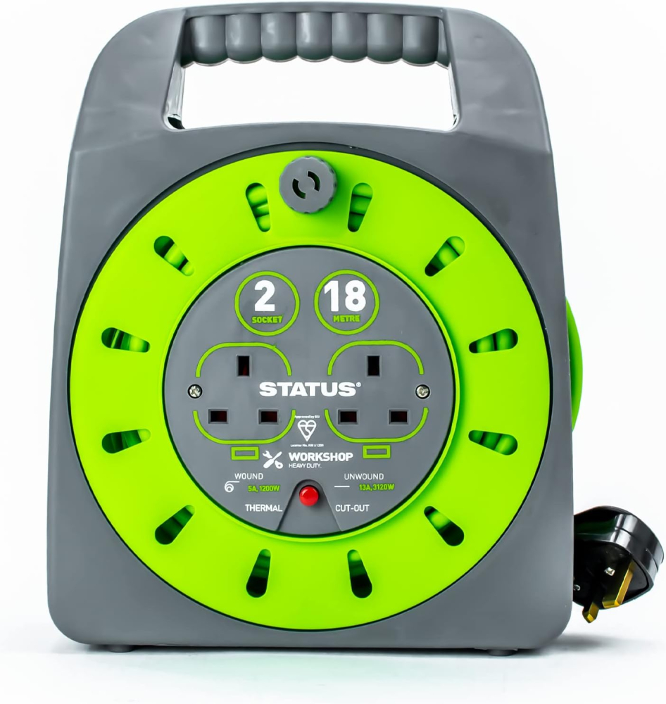 STATUS 2 Socket Cable Reel, 18m, Green Extension Lead, 13 Amp, Thermal Cut Out, Heavy Duty, Outdoor Power Supply, Ideal for Garden, Workshop, DIY, Power Tools (S18M2G13ACR4)