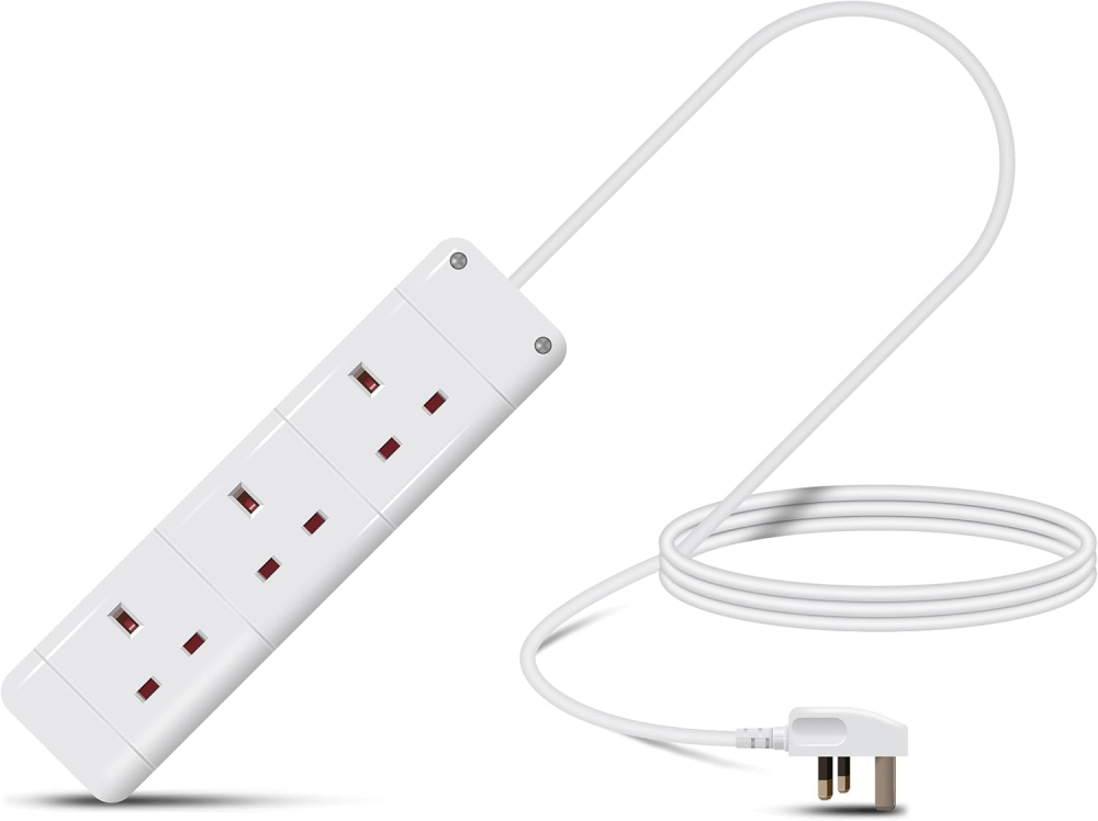 Eagle Three Gang Mains Power 13A Extension Socket to 13A UK Plug Lead Cable, British Standards BS1363 2m