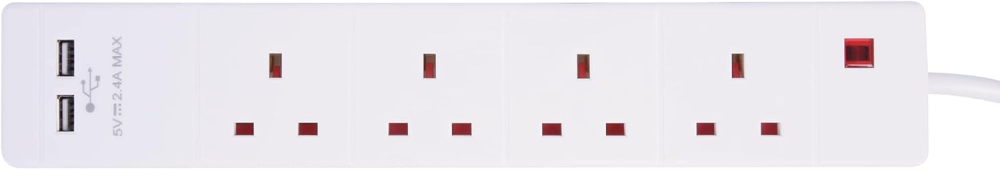 Pro Elec 5 m 4 Gang Extension Lead with 2 x 2.4 V USB Charging Sockets - White, pl15388