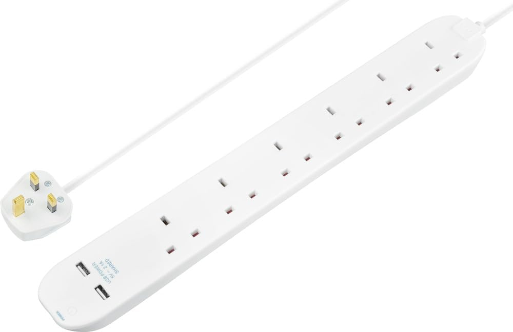 Masterplug 6 Gang Extension Lead with 2 x USB Charging Sockets, 1 Metre, White
