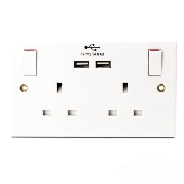 STATUS Plug Socket UK | Double Socket with Double USB Plug | White Plastic | 13A Double Switched Wall Socket | S2G13A2USBSWS4
