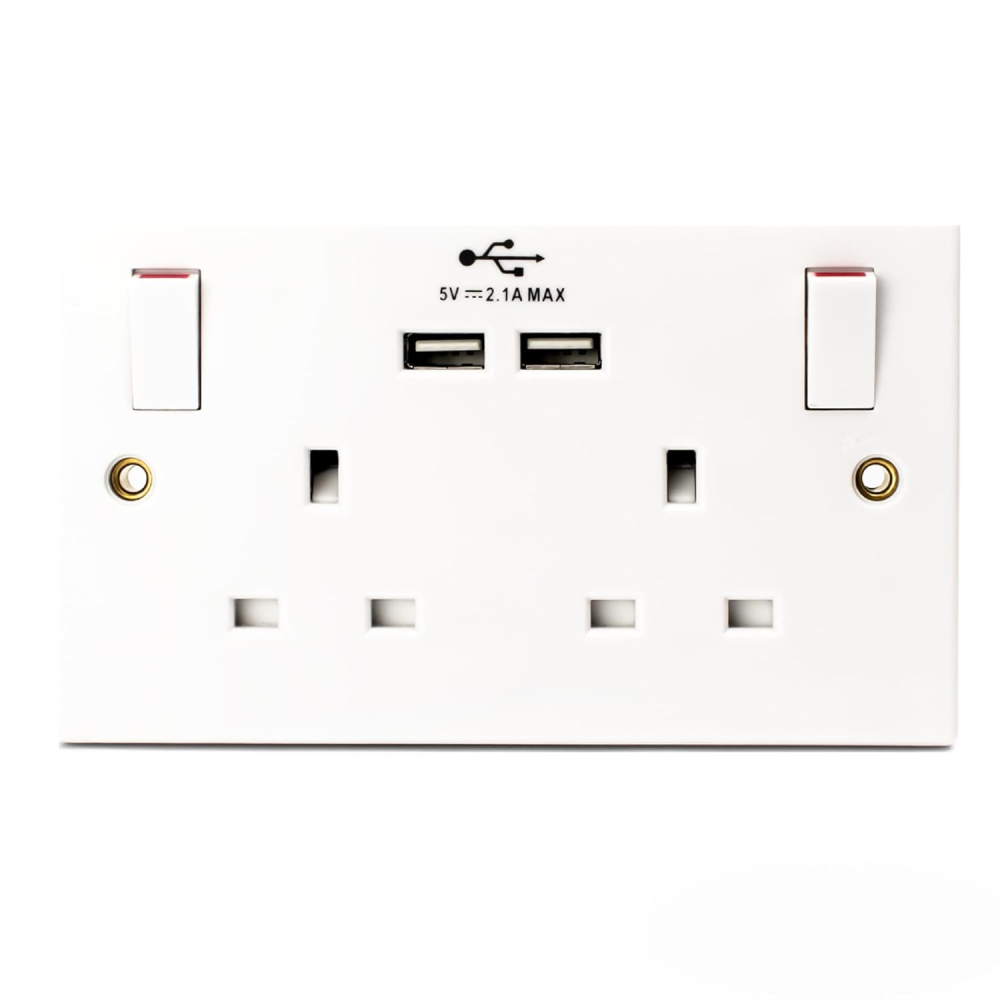 STATUS Plug Socket UK | Double Socket with Double USB Plug | White Plastic | 13A Double Switched Wall Socket | S2G13A2USBSWS4