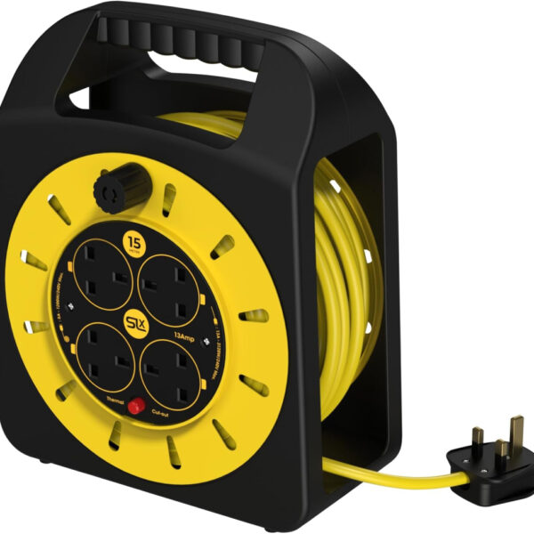 SLx Extension Lead 15m 4 Socket Extension Reel, Heavy Duty Extension Cable Thermal Cut Out Extension Lead for Garden Lawn Mower Office 13A Fused UK Plug