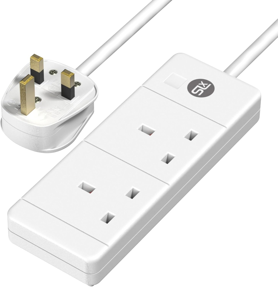 SLx Extension Lead 2m 2 Way Gang Socket 13A UK Plug 3 Pin Mains Power Extension Cord Compact Travel Power Strip White