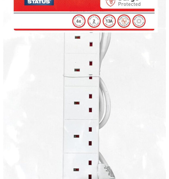 STATUS Surge-Protected 6 Socket Extension Lead, 2m Cable with Neon Power Indicator, 13A 3120W Rated Multi-Plug Strip for Home, Office or Gaming, White (6WSSP2MCP20)