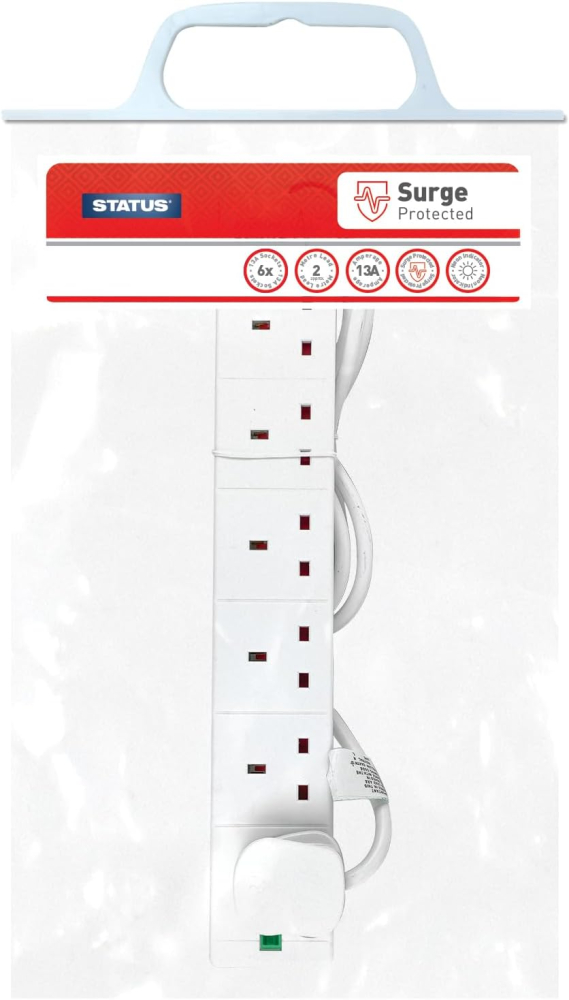 STATUS Surge-Protected 6 Socket Extension Lead, 2m Cable with Neon Power Indicator, 13A 3120W Rated Multi-Plug Strip for Home, Office or Gaming, White (6WSSP2MCP20)
