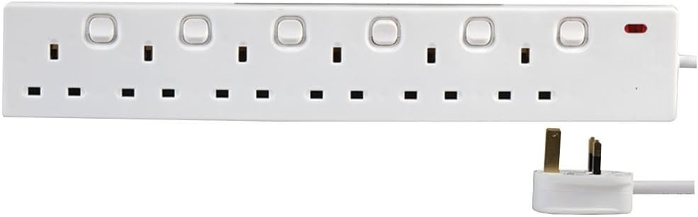 PRO ELEC - Individually Switched Extension Lead, 6 Socket, 5 Metres, Neon On Light (White)