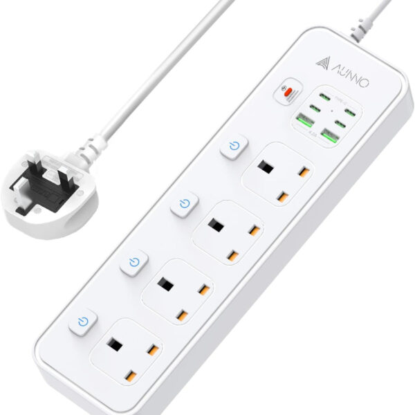 AUNNO Extension Lead with USB Slots, 4 Way Sockets Outlets with 4 USB-C Ports and 2 USB Ports, 1.8M Extension Cable with Switch Surge Protected Power Strips, UK Multi Plug Adapter Electrical Cords