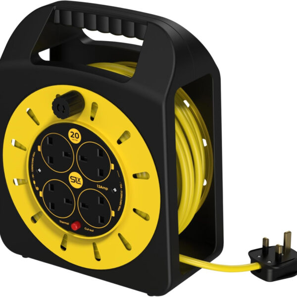 SLx Extension Lead 20m 4 Socket Extension Reel, Heavy Duty Extension Cable Thermal Cut Out Extension Lead for Garden Lawn Mower Office 13A Fused UK Plug