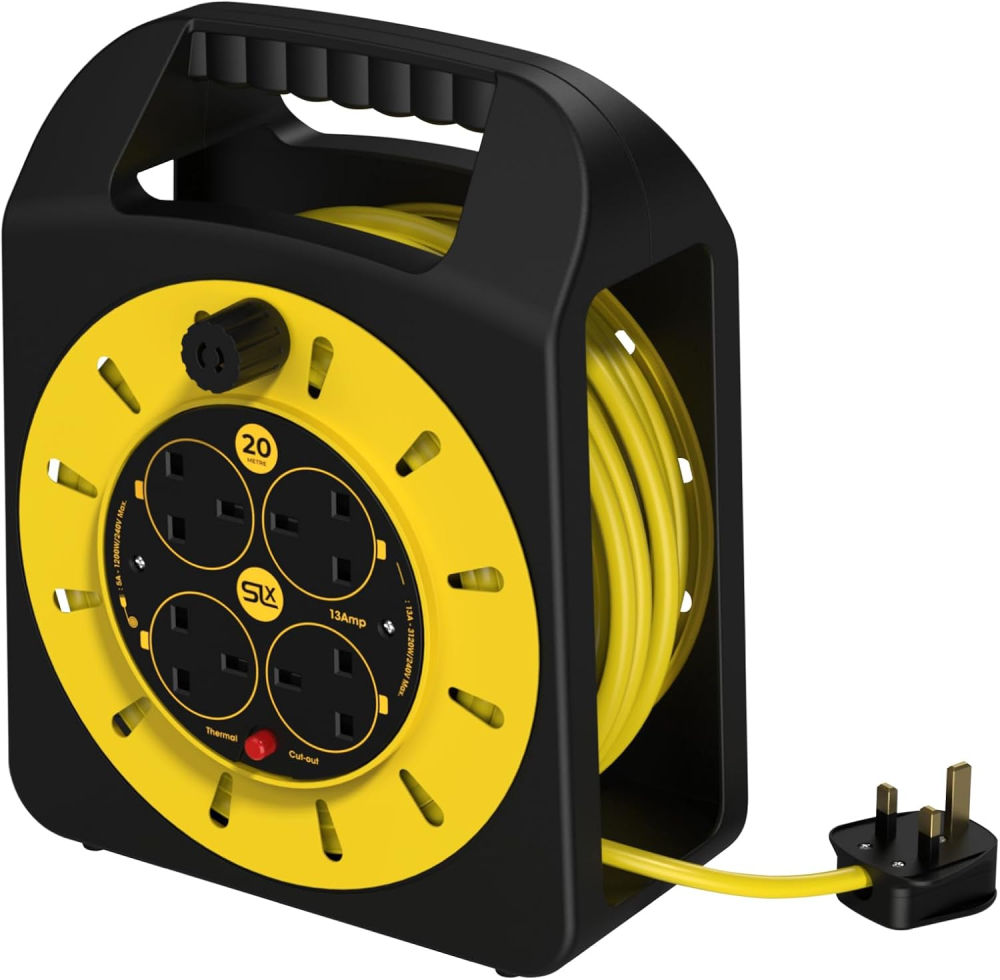 SLx Extension Lead 20m 4 Socket Extension Reel, Heavy Duty Extension Cable Thermal Cut Out Extension Lead for Garden Lawn Mower Office 13A Fused UK Plug
