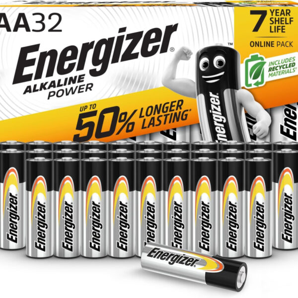 Energizer Alkaline Power - AA Batteries (32 Pack) - Double A Battery 1.5V - Up To 50% Longer Lasting - For Everyday Devices - 100% Recyclable Packaging - 7 Year Shelf-Life [Think Assemble Exclusive]