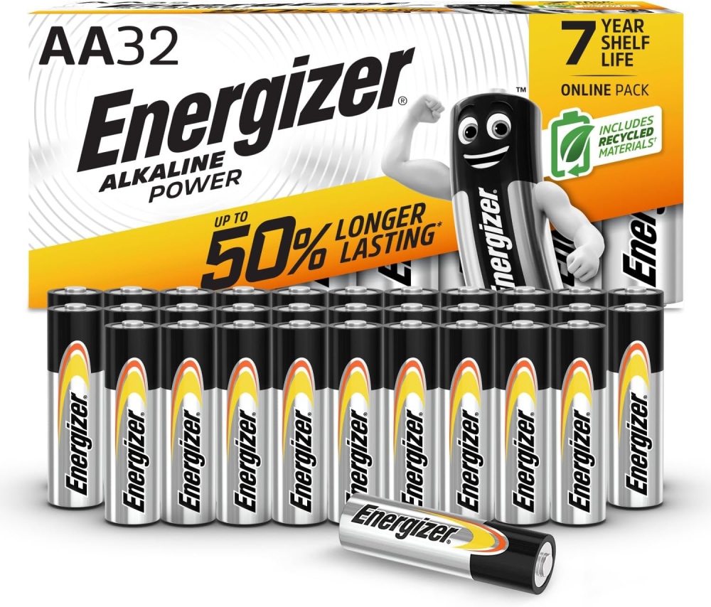 Energizer Alkaline Power - AA Batteries (32 Pack) - Double A Battery 1.5V - Up To 50% Longer Lasting - For Everyday Devices - 100% Recyclable Packaging - 7 Year Shelf-Life [Think Assemble Exclusive]