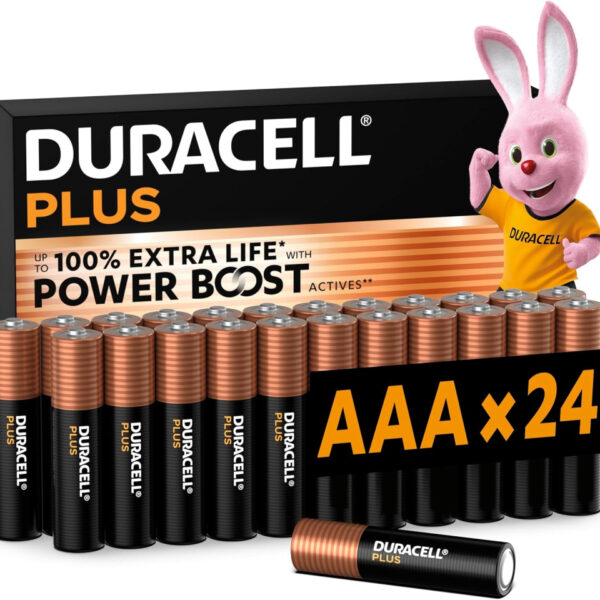 DURACELL Plus AAA Batteries (24 Pack) – Alkaline Batteries 1.5V – Up to 100% Extra Life with POWER BOOST Actives– Reliability For Everyday Devices – 0% Plastic Packaging – 10-Year Storage-LR03 MN2400