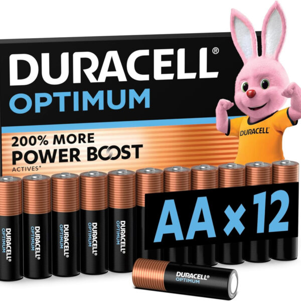 DURACELL Optimum AA Batteries (12 Pack) – Alkaline Batteries 1.5V – 200% More Power Boost Actives – Meets Demands Of Modern Devices – 100% Recyclable, 0% Plastic Packaging – MX1500