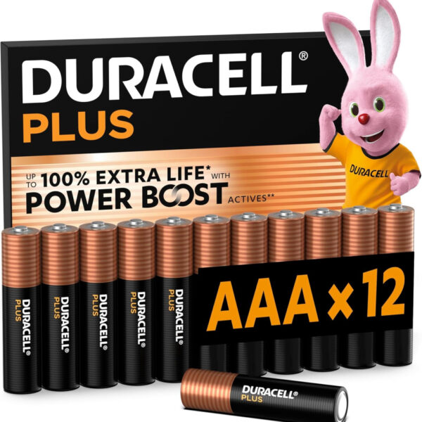 DURACELL Plus AAA Batteries (12 Pack) – Alkaline Batteries 1.5V – Up to 100% Extra Life with POWER BOOST Actives– Reliability For Everyday Devices – 0% Plastic Packaging – 10-Year Storage-MN2400