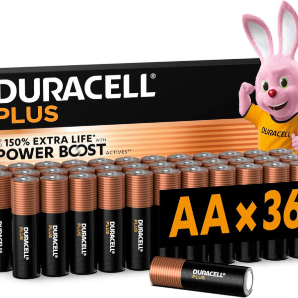 DURACELL Plus AA Batteries (36 Pack) – Alkaline Batteries 1.5V – Up to 150% Extra Life with POWER BOOST Actives– Reliability For Everyday Devices – 0% Plastic Packaging – 10-Year Storage - LR6 MN1500