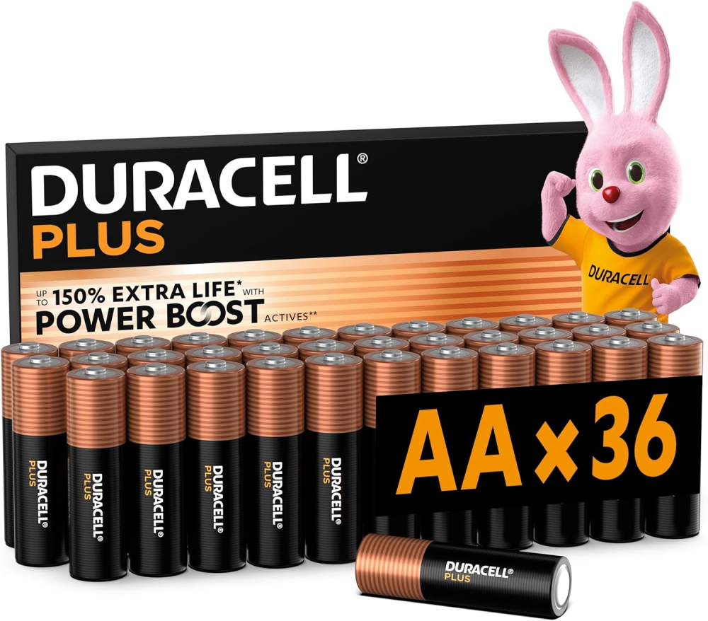 DURACELL Plus AA Batteries (36 Pack) – Alkaline Batteries 1.5V – Up to 150% Extra Life with POWER BOOST Actives– Reliability For Everyday Devices – 0% Plastic Packaging – 10-Year Storage - LR6 MN1500