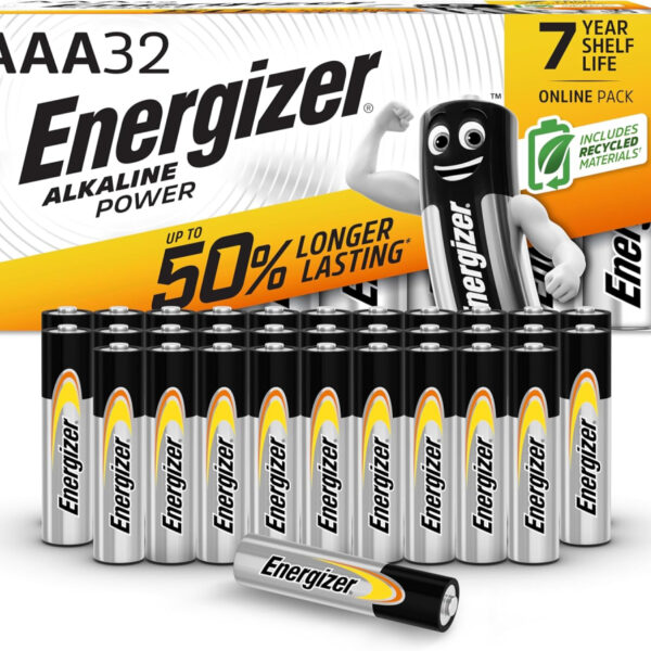 Energizer Alkaline Power - AAA Batteries (32 Pack) - Triple A Battery 1.5V - Up To 50% Longer Lasting - For Everyday Devices - 100% Recyclable Packaging - 7 Year Shelf-Life [Think Assemble Exclusive]
