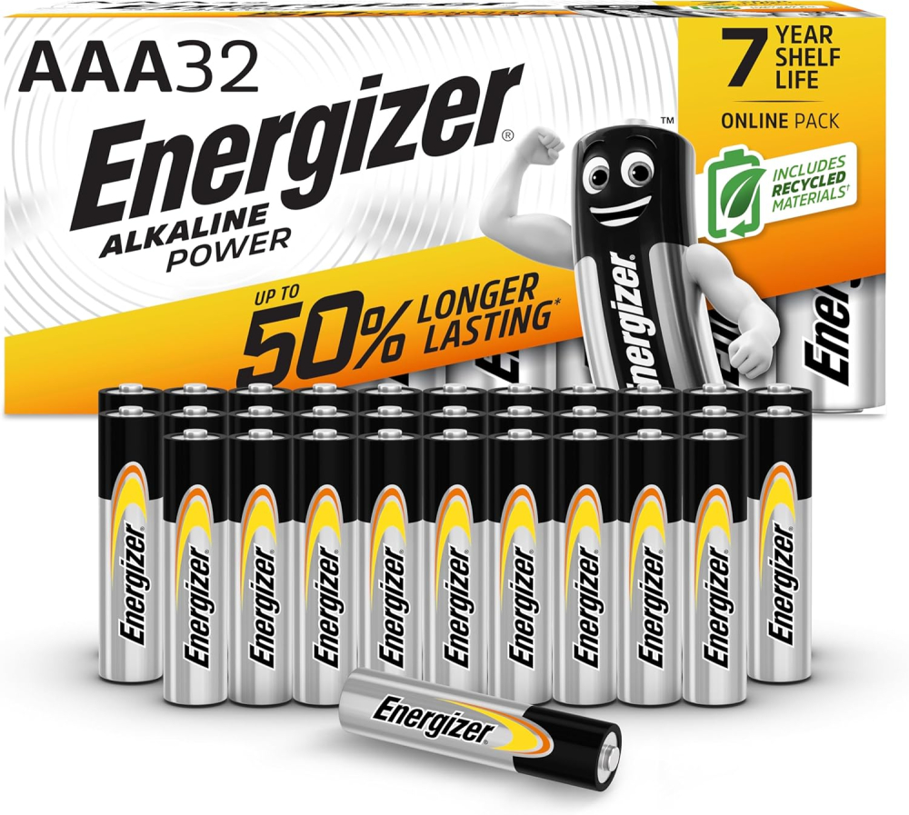 Energizer Alkaline Power - AAA Batteries (32 Pack) - Triple A Battery 1.5V - Up To 50% Longer Lasting - For Everyday Devices - 100% Recyclable Packaging - 7 Year Shelf-Life [Think Assemble Exclusive]