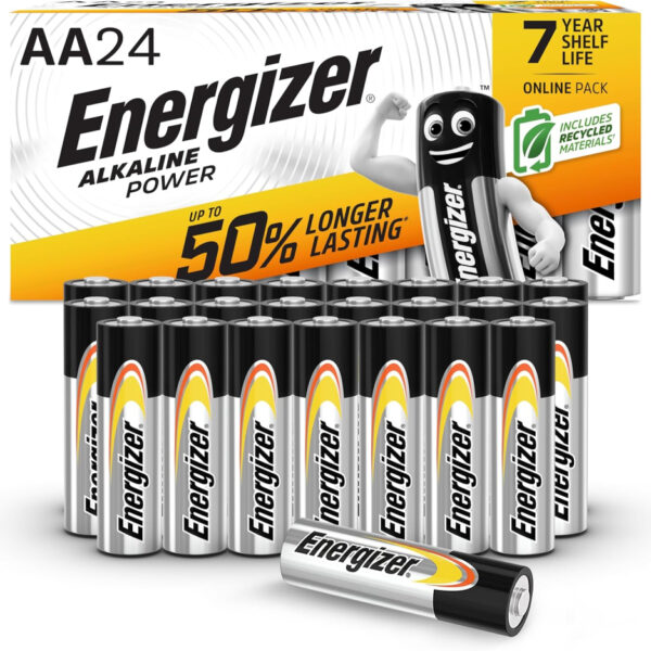 Energizer Alkaline Power - AA Batteries (24 Pack) - Double A Battery 1.5V - Up To 50% Longer Lasting - For Everyday Devices - 100% Recyclable Packaging - 7 Year Shelf-Life [Think Assemble Exclusive]