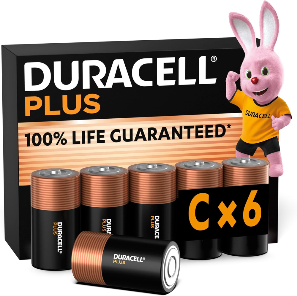 Duracell Plus C Batteries (6 Pack) - Alkaline 1.5V - 100% Life Guaranteed - Reliability For Everyday Devices - 0% Plastic Packaging - 10-Year Storage - MN1400