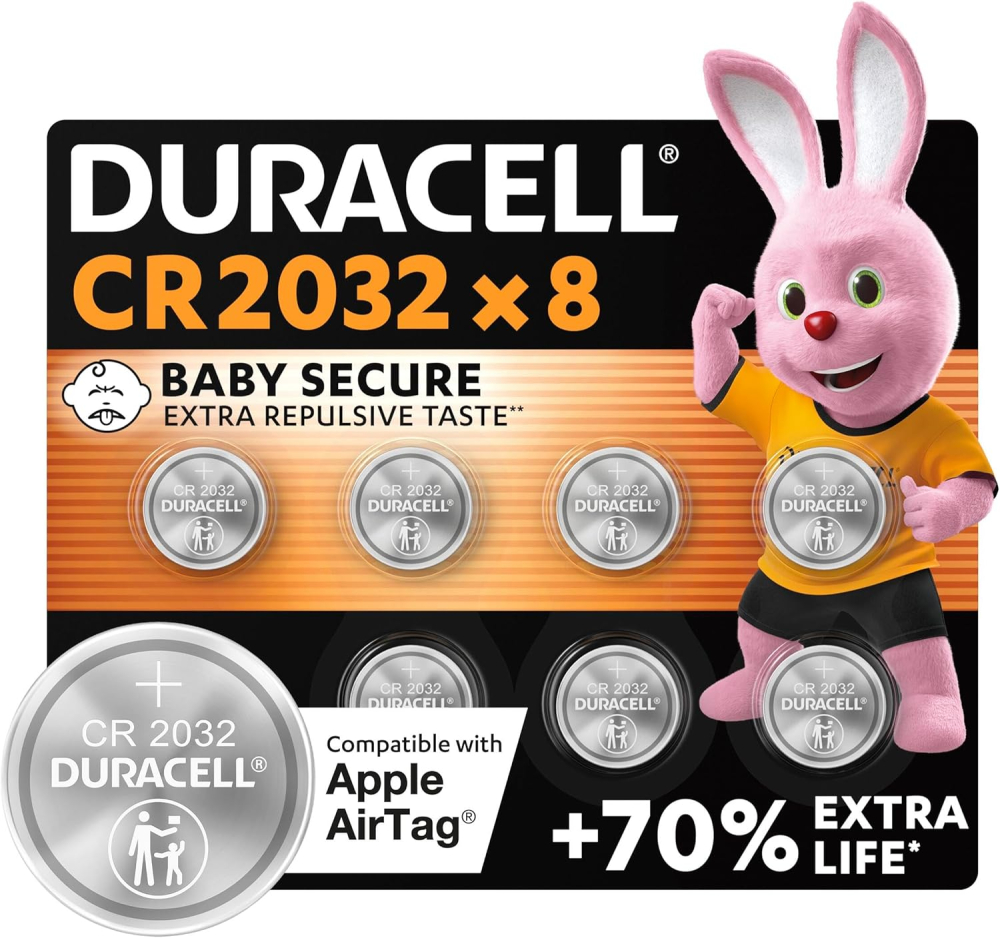 Duracell CR2032 Lithium Coin Batteries 3V (8 Pack) - Up to 70% Extra Life* - Baby Secure Technology & Packaging – For Apple AirTags, Key Fobs, Home Devices, Fitness and Medical Accessories