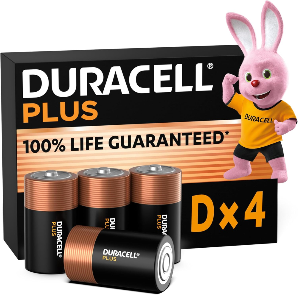 Duracell Plus D Batteries (4 Pack) - Alkaline 1.5V - 100% Life Guaranteed - Reliability For Everyday Devices - 0% Plastic Packaging - 10-Year Storage - LR20 MN1300