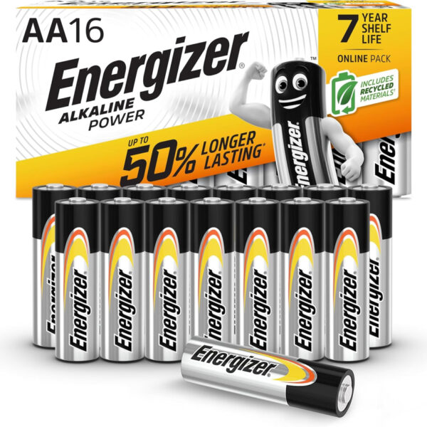 Energizer Alkaline Power - AA Batteries (16 Pack) - Double A Battery 1.5V - Up To 50% Longer Lasting - For Everyday Devices - 100% Recyclable Packaging - 7 Year Shelf-Life [Think Assemble Exclusive]