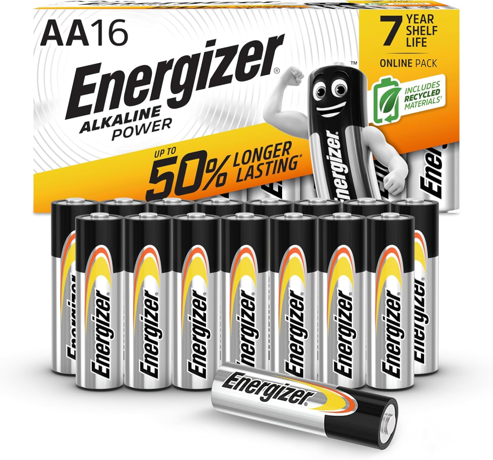 Energizer Alkaline Power - AA Batteries (16 Pack) - Double A Battery 1.5V - Up To 50% Longer Lasting - For Everyday Devices - 100% Recyclable Packaging - 7 Year Shelf-Life [Think Assemble Exclusive]